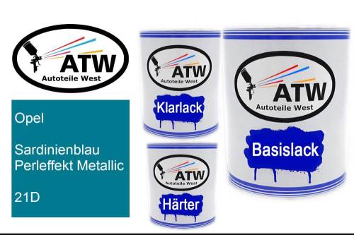 Opel, Sardinienblau Perleffekt Metallic, 21D: 1L Lackdose + 1L Klarlack + 500ml Härter - Set, von ATW Autoteile West.
